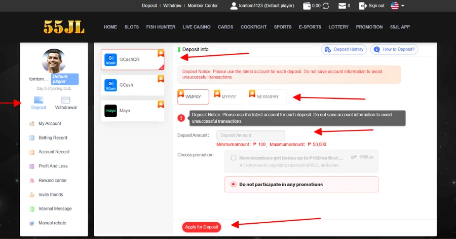 When click deposit button, and choose payment, amount of money to deposit