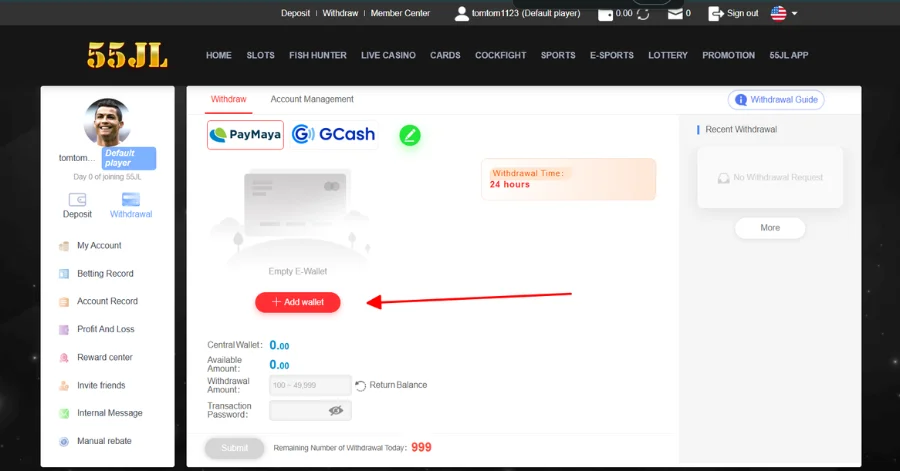 When click withdraw button, you have to add bank account